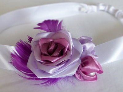 DIY handmade satin ribbon rose feather headband róża wstążka satynowa Роза из атласной ленты opaska