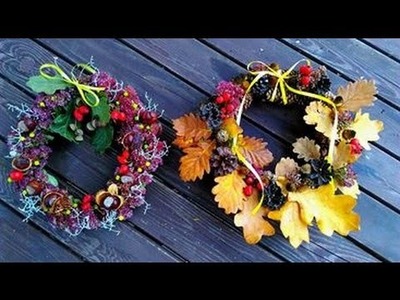DIY jesienne dekoracje, wianki z liści kasztanów i żołędzi