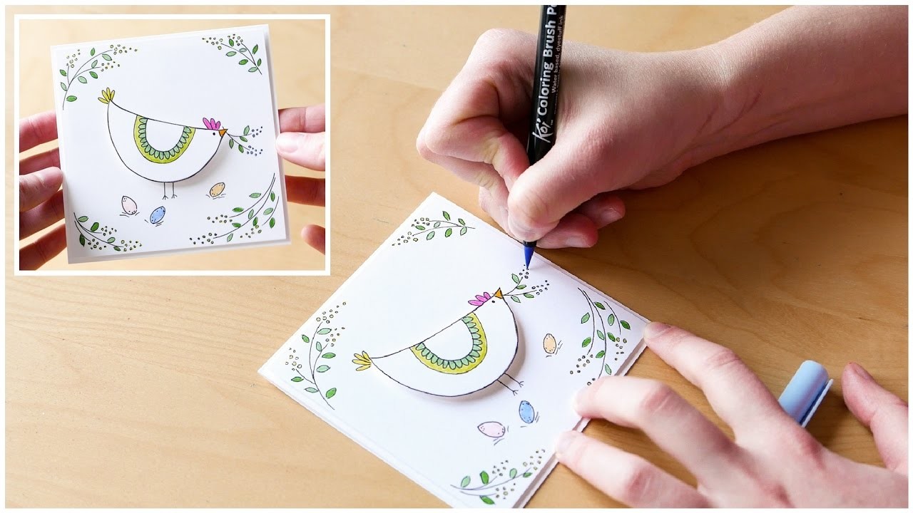 How to Make - Easter Greeting Card Brush Pen Hen  - Step by Step DIY | Kartka Wielkanocna Kura