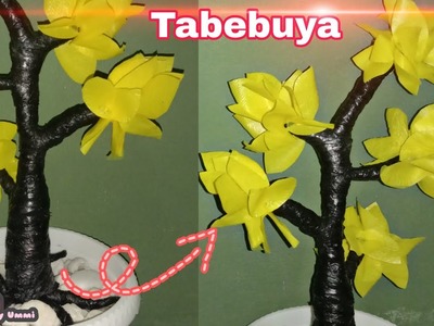 Bonsai tabebuya plastik kresek simpel untuk bunga sudut ruangan | DIY yellow tabebuya artificial