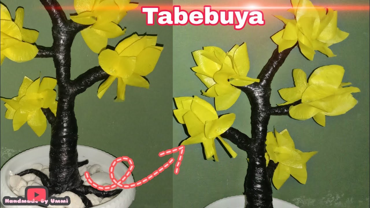 Bonsai tabebuya plastik kresek simpel untuk bunga sudut ruangan | DIY yellow tabebuya artificial