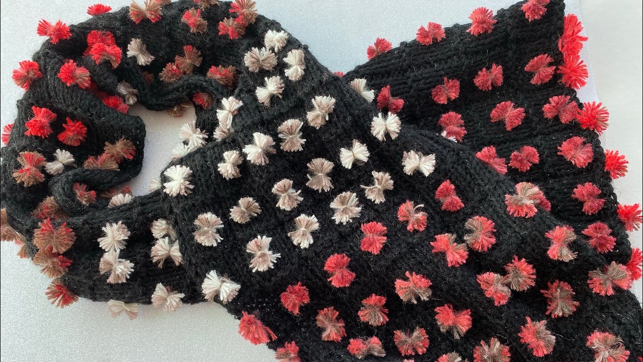 POMPOMLU ÖRGÜ ATKI YAPIMI.Making pompom knitting scarf.Pompon Strickschal machen