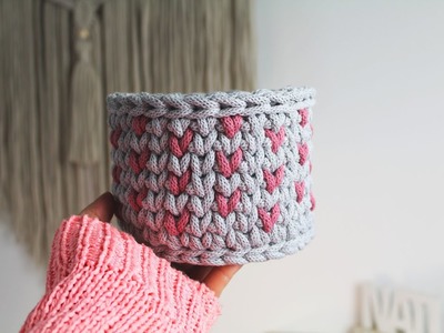 Crochet basket knit stitch with hearts, beginners friendly. Koszyk na szydełku w serduszka.