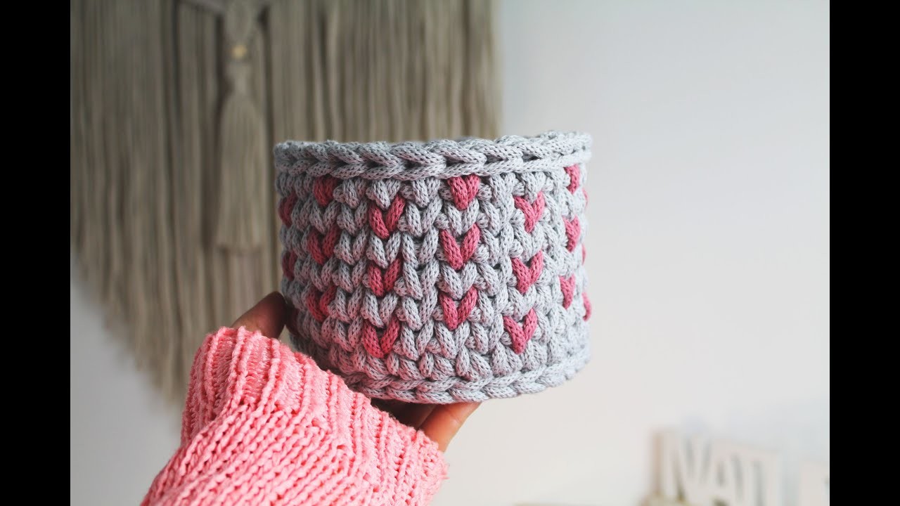 Crochet basket knit stitch with hearts, beginners friendly. Koszyk na szydełku w serduszka.