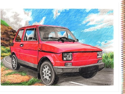 Jak narysować kredkami ołówkowymi czerwonego Fiat 126p na papierze ?  - kilka ciekawostek.
