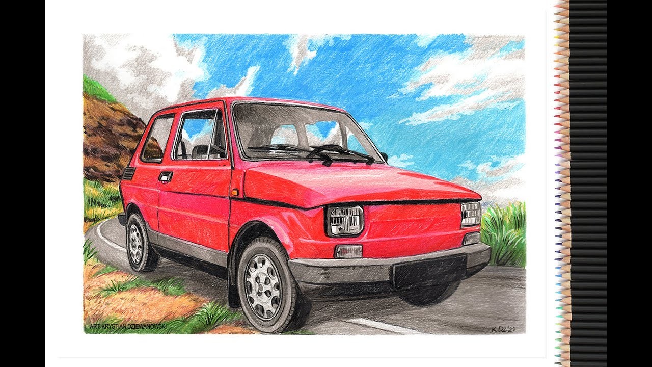Jak narysować kredkami ołówkowymi czerwonego Fiat 126p na papierze ?  - kilka ciekawostek.