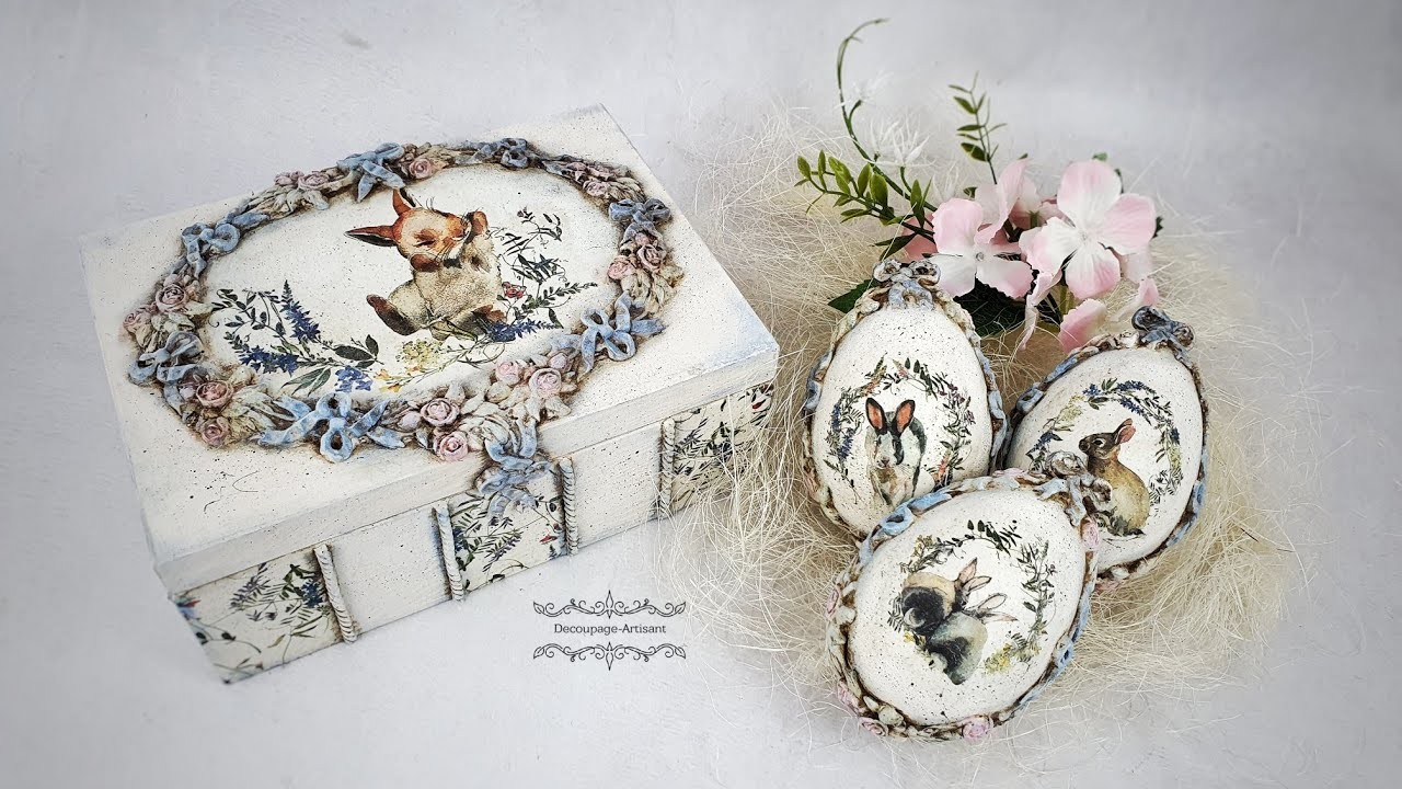 Decoupage # easter decorations # box and eggs with hares #ITDCollection #Pentart # DIY tutorial. 
