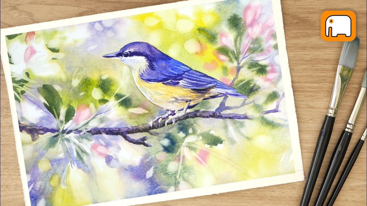 Watercolor tutorial  BIRD and FLOWER Watercolor painting for beginner Step by step