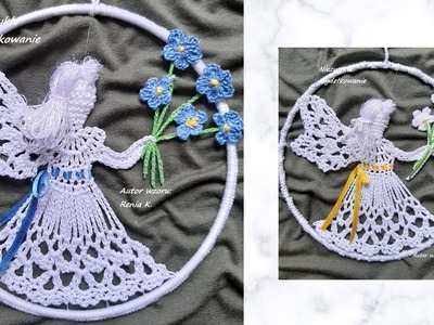 Szydełkowy aniołek w obręczy 15 cm z niezapominajkami. Wzór autorski. (Angel crochet tutorial )