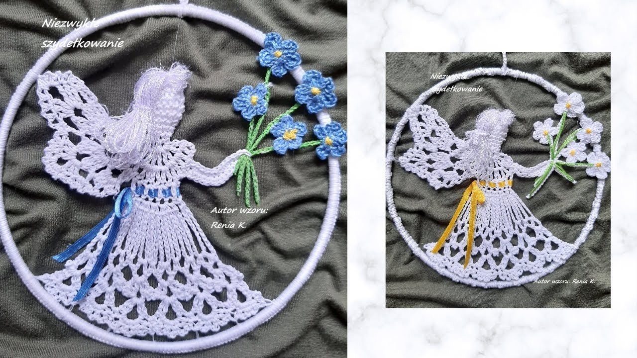 Szydełkowy aniołek w obręczy 15 cm z niezapominajkami. Wzór autorski. (Angel crochet tutorial )
