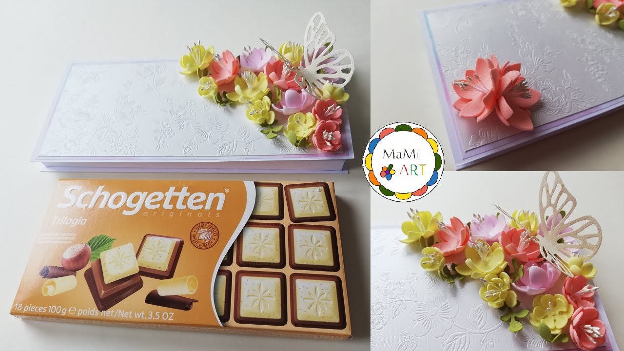Jak zrobić  pudełko  na czekoladę z kolorowymi  kwiatami z foamiranu