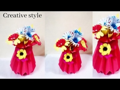 3D paper flower vase || flower vase paper craft || Creative style