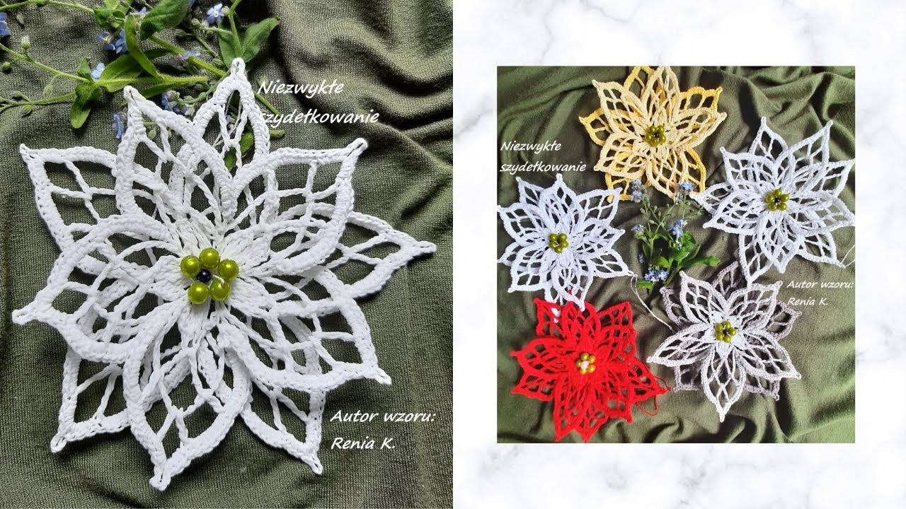 Kwiat 12 cm, gwiazda betlejemska na szydełku. Wzór autorski Author pattern Renia K. Crochet tutorial