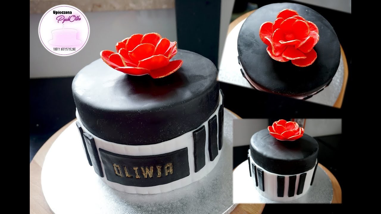 Tort pianino z klawiszami i z kwiatem z masy cukrowej CZARNY | Black piano cake