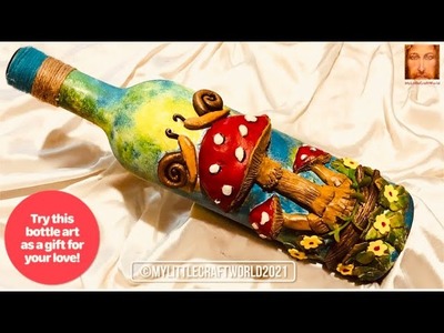 Bottle art with mushrooms & snails, a gift for your love