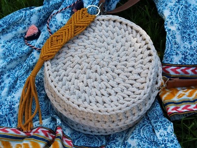 Crochet round bag, herringbone stitch. Okrągła torebka na szydełku, wzór pół jodełki.