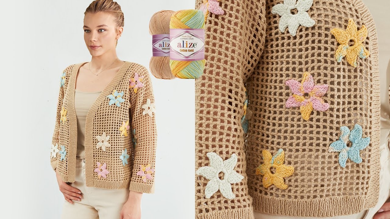 Alize Cotton Gold Batik ile Çiçekli Hırka • Flower Cardigan • ВЯЗАНИЕ ЦВЕТОЧНОГО КАРДИГАНА