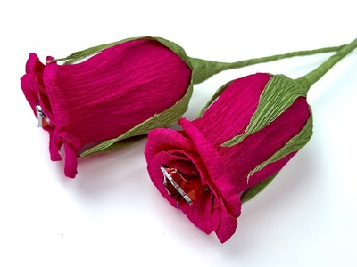 Как сделать полураскрытый бутон розы из гофрированной бумаги и конфет. Цветы из бумаги