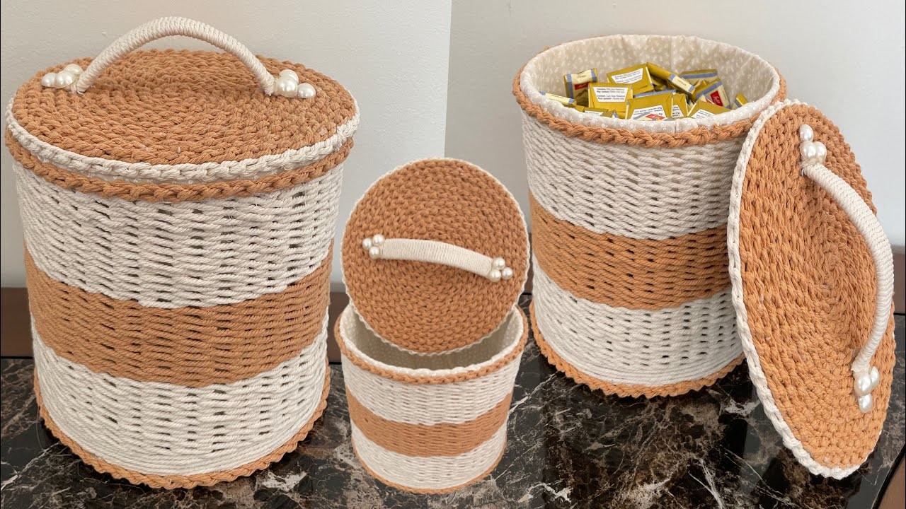 DIY Rope Storage Basket. Basket Organizer Diy. Macrame Rope Crafts. سبت تخزين. سبت منظم