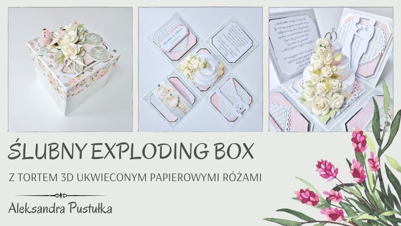 Ślubny exploding box z tortem 3D ukwieconym papierowymi różami
