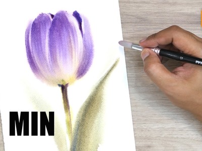 5 MINUTE How to paint  A VIOLET TULIP  WITHOUT DRAWING.Watercolour tutorial Demonstration.Watercolor