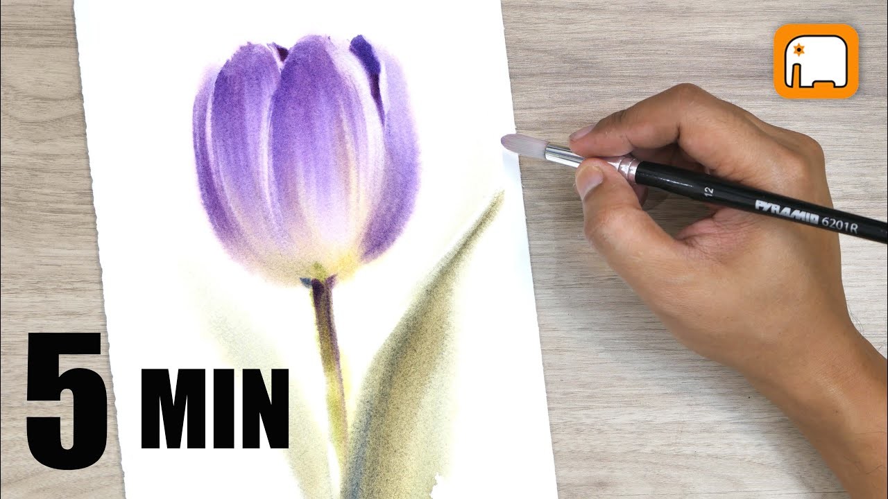 5 MINUTE How to paint  A VIOLET TULIP  WITHOUT DRAWING.Watercolour tutorial Demonstration.Watercolor