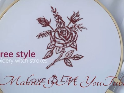 Hand Embroidery Burgundy rose  Free style stem & satin stitches