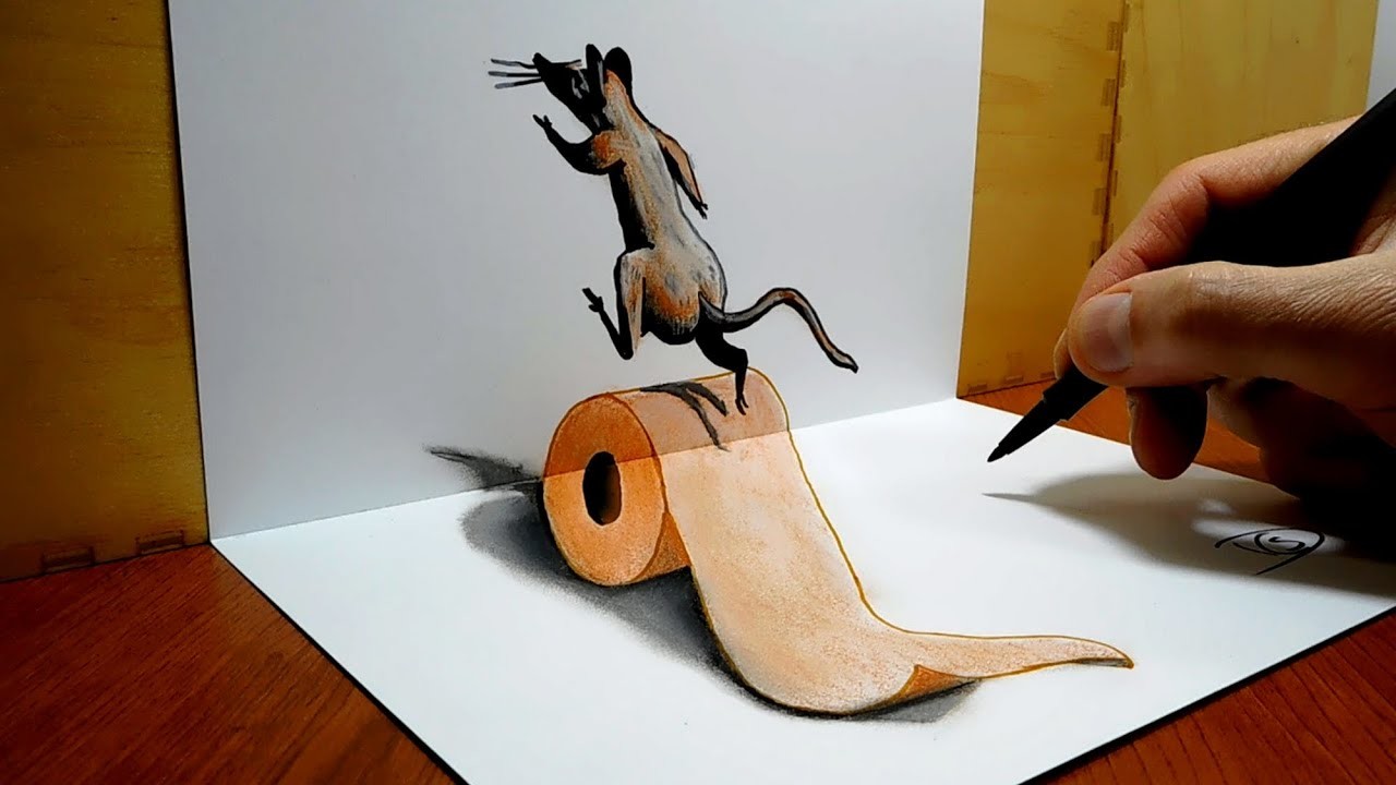 3D Trick Art On Paper, Mouse runs on toilet paper roll