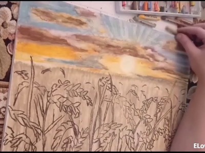 Jak namalować pejzaż? Zachód słońca pole zboże pastele olejne DIY oil pastels Sunset Field painting
