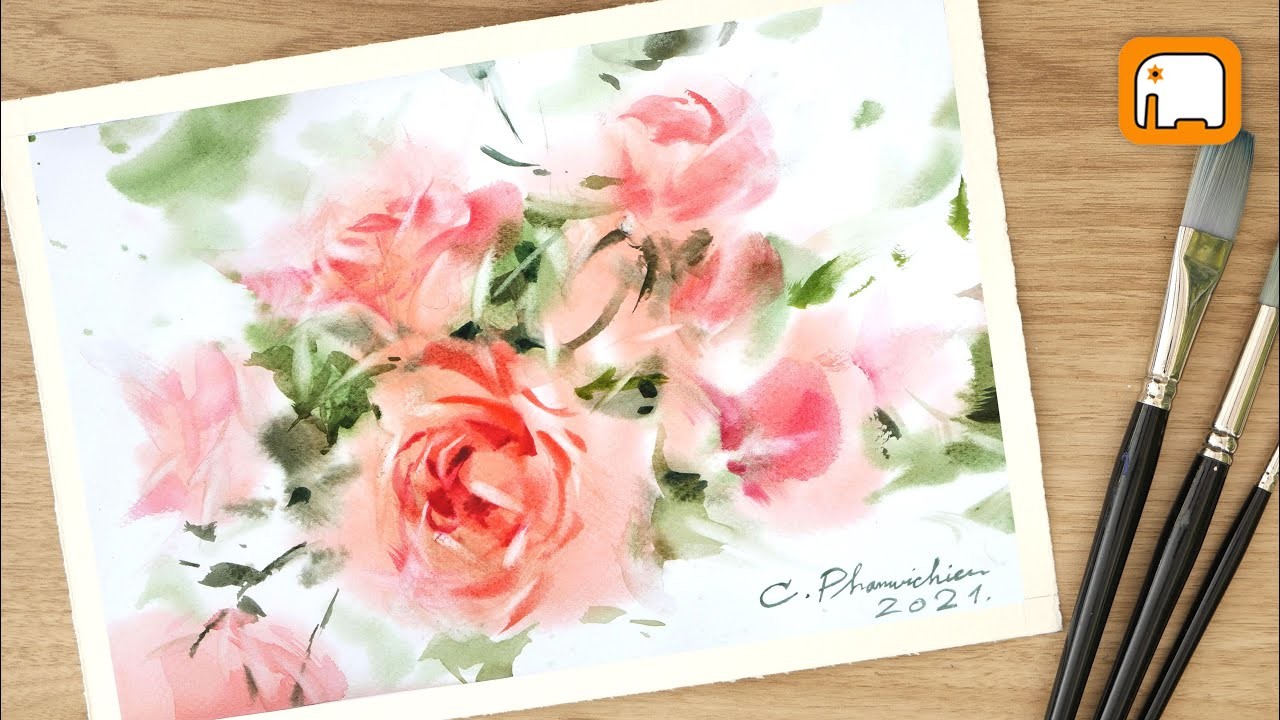 Time lapse Pink Roses.Valentine.watercolor painting  step by step