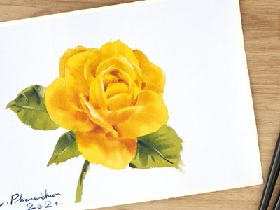 Yellow rose with 1 Brush Watercolor Tutorial. Watercolour painting for beginner. Step by step
