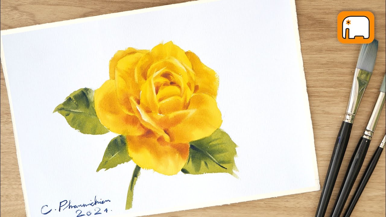 Yellow rose with 1 Brush Watercolor Tutorial. Watercolour painting for beginner. Step by step