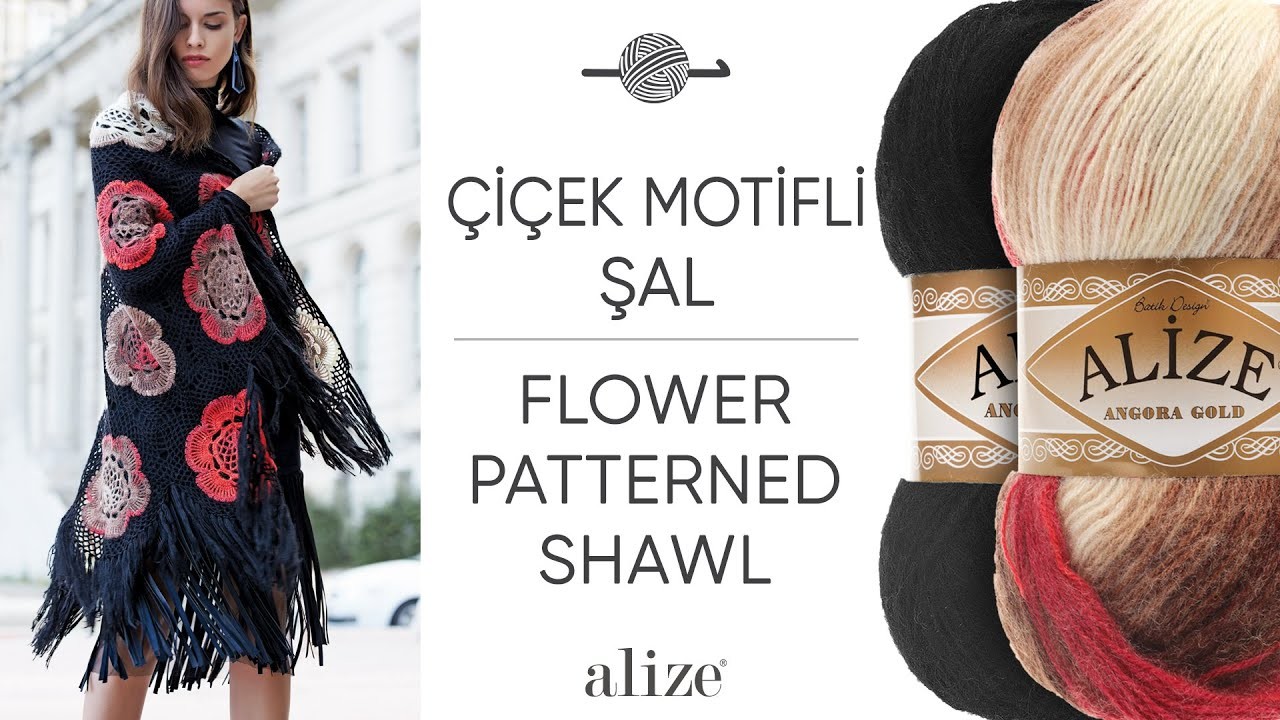 Alize Angora Gold Batik ile Çiçek Motifli Şal • Flower Patterned Shawl • Шаль с цветочным мотивом