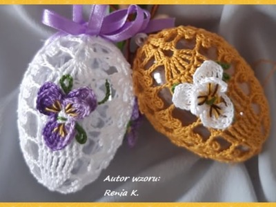Jajeczka z fiołkami 3D-9cm i na akryl- 8cm, szydełko. Author Renia K. Crochet Easter eggs, tutorial