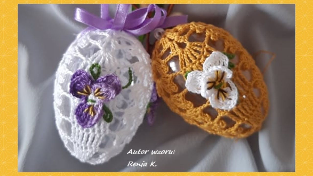 Jajeczka z fiołkami 3D-9cm i na akryl- 8cm, szydełko. Author Renia K. Crochet Easter eggs, tutorial